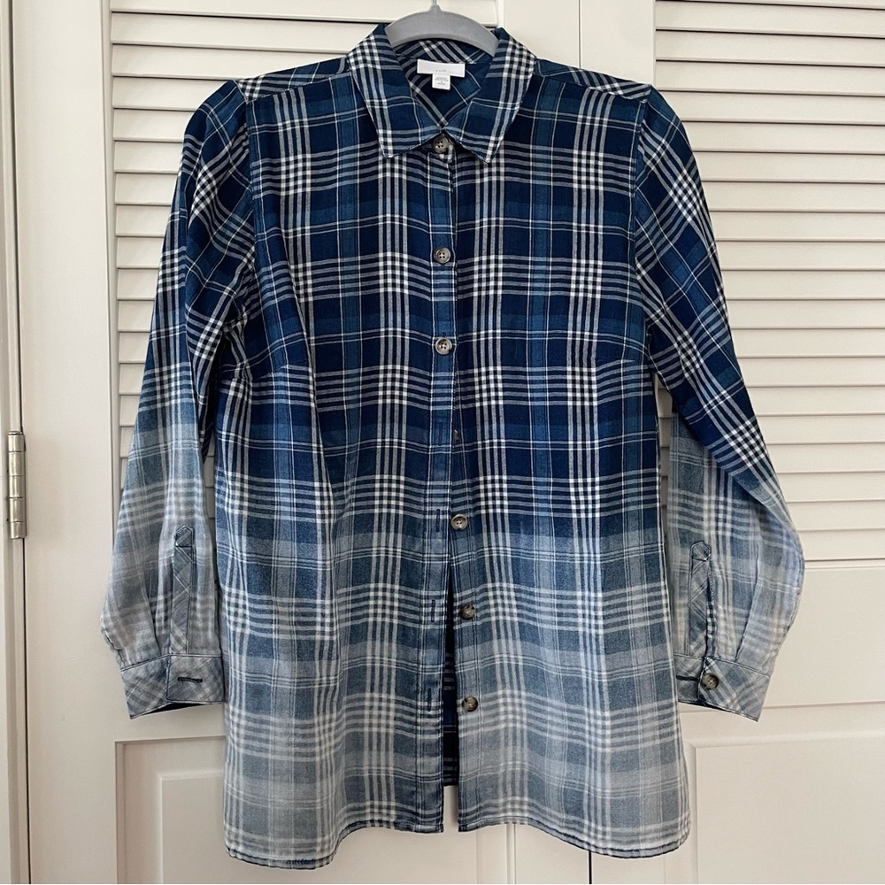 Petite Blue Ombré Plaid Button-up Tunic Top Cotton Shirt Size S Petite